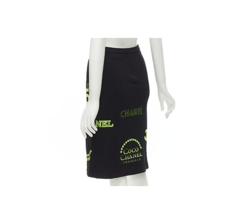 rare CHANEL 2021 Runway black neon graphic logo slit cotton fleece skirt FR34 XS For Sale 1
