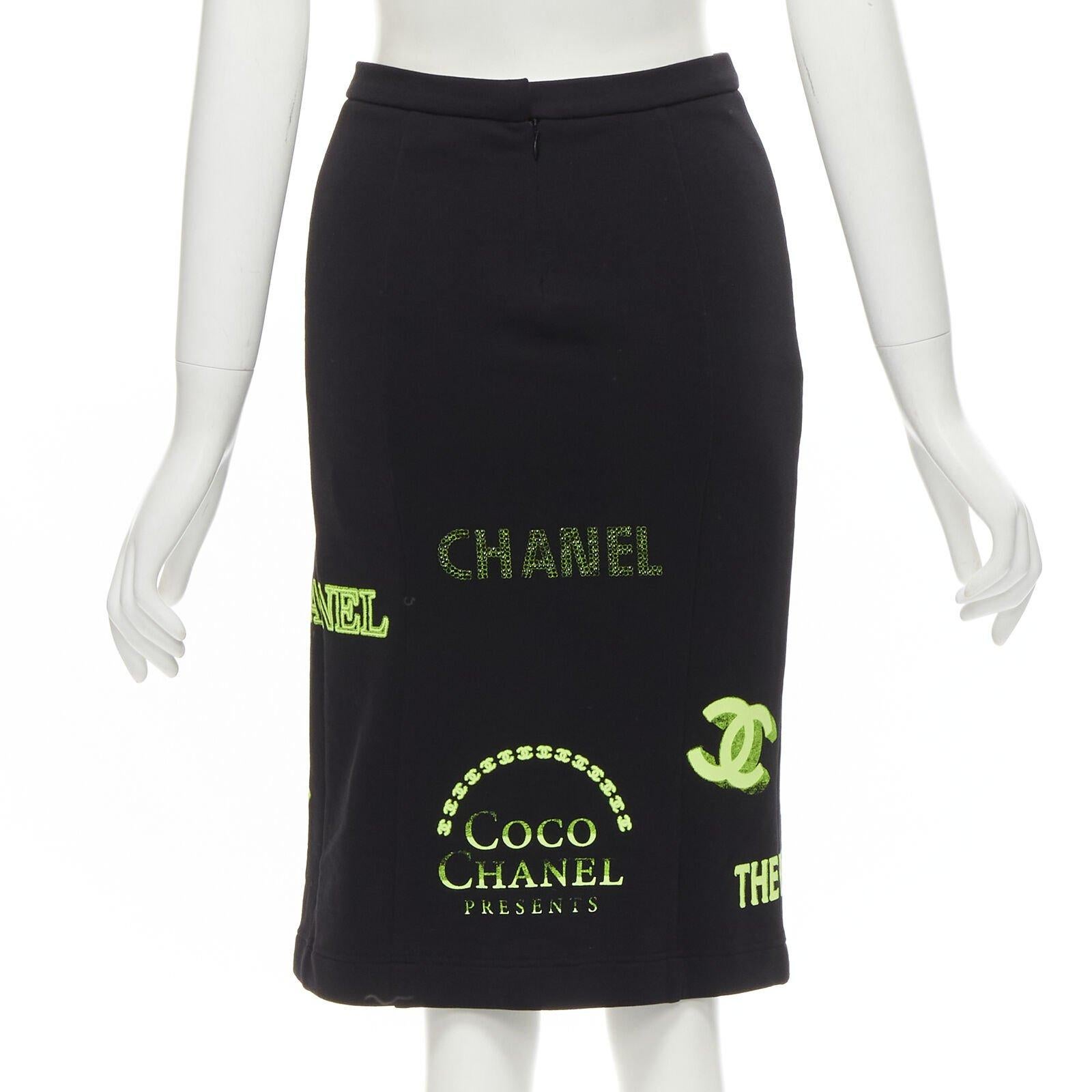 rare CHANEL 2021 Runway black neon graphic logo slit cotton fleece skirt FR34 XS For Sale 1