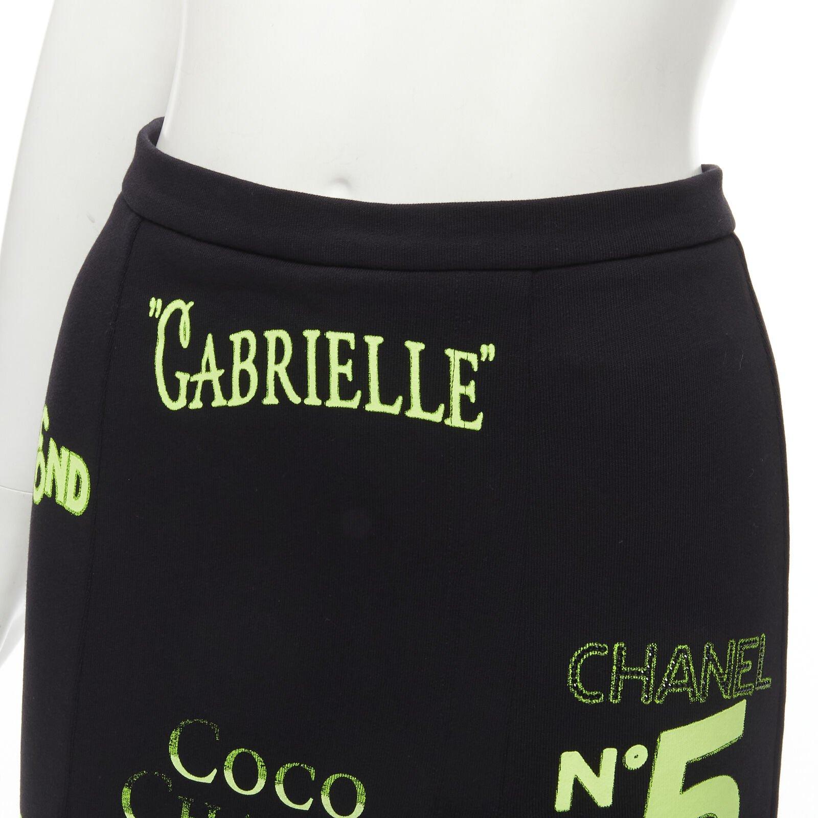rare CHANEL 2021 Runway black neon graphic logo slit cotton fleece skirt FR34 XS For Sale 2