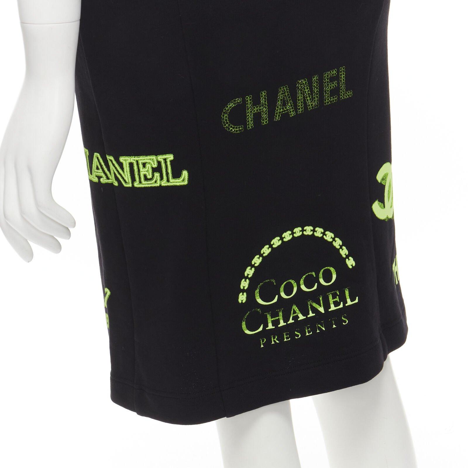 rare CHANEL 2021 Runway black neon graphic logo slit cotton fleece skirt FR34 XS For Sale 3