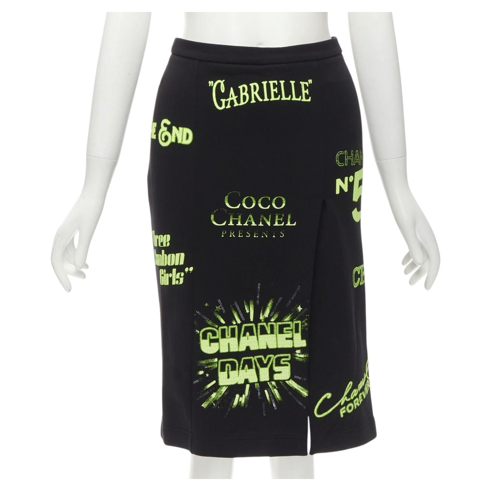rare CHANEL 2021 Runway black neon graphic logo slit cotton fleece skirt FR34 XS