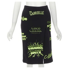 rare CHANEL 2021 Runway black neon graphic logo slit cotton fleece skirt FR34 XS