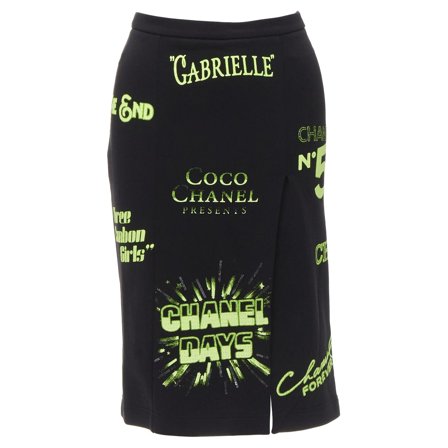 rare CHANEL 2021 Runway black neon graphic logo slit cotton fleece skirt FR34 XS For Sale