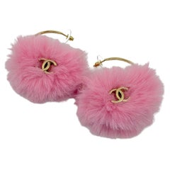 Antique RARE Chanel 2024 Fantasy Pink Fluffy Fur CC Hoop Earrings