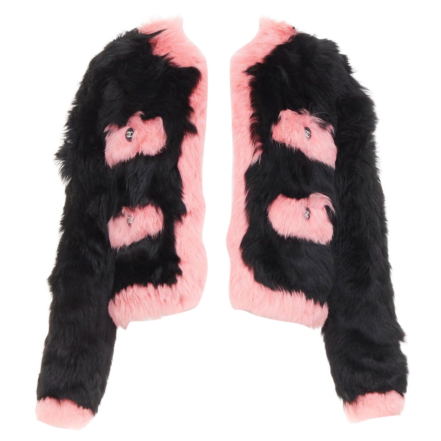 rara CHANEL 21K rosa piel shearling CC cristal botones 4 bolsillo chaqueta FR36 S en venta
