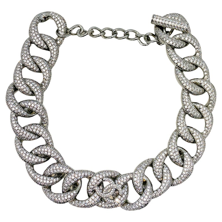 Rare Chanel 22C Strass Covered Chunky Chain Choker Silver Crystal Necklace  66183
