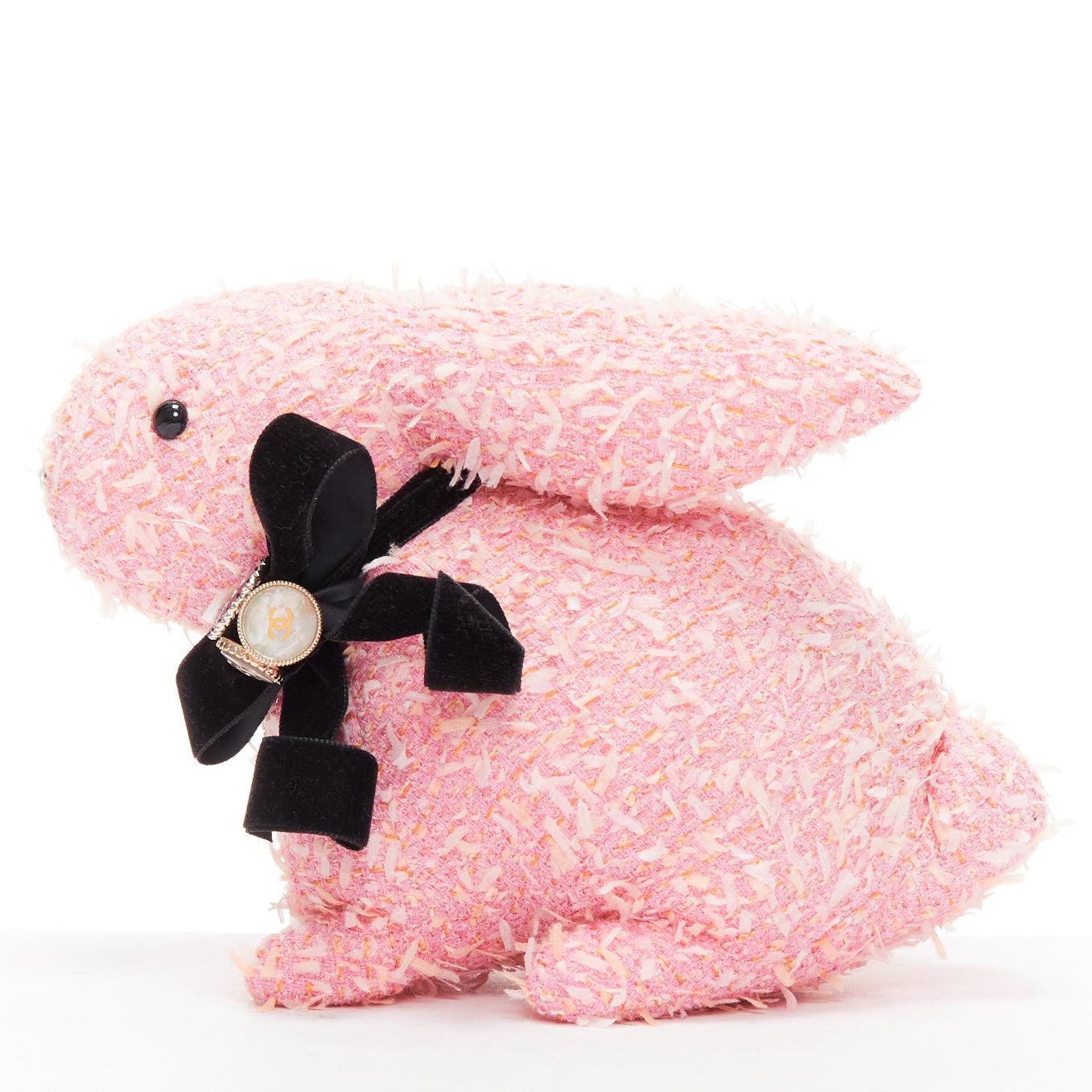 Pink rare CHANEL 23P VIP pink tweed black CC logo button ribbon bunny plushie toy