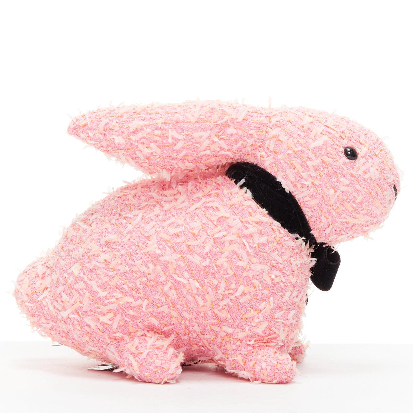 rare CHANEL 23P VIP pink tweed black CC logo button ribbon bunny plushie toy In Excellent Condition In Hong Kong, NT