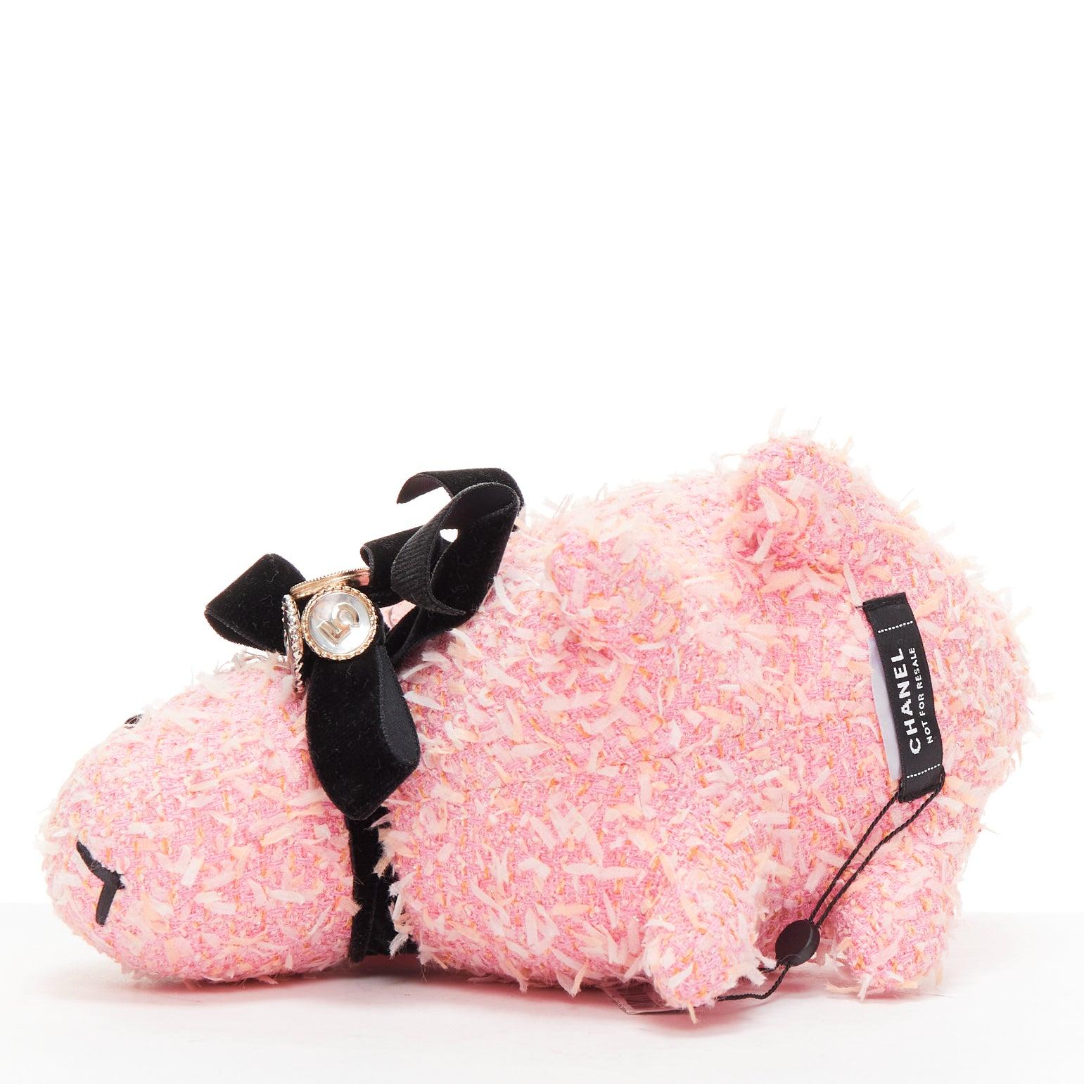 Women's rare CHANEL 23P VIP pink tweed black CC logo button ribbon bunny plushie toy