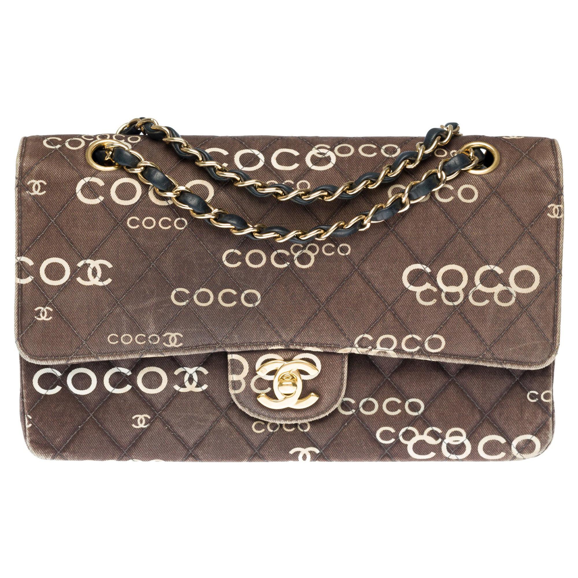 Rare Chanel 2.55 "Coco Chanel" shoulder bag in brown printed quilted canvas, GHW