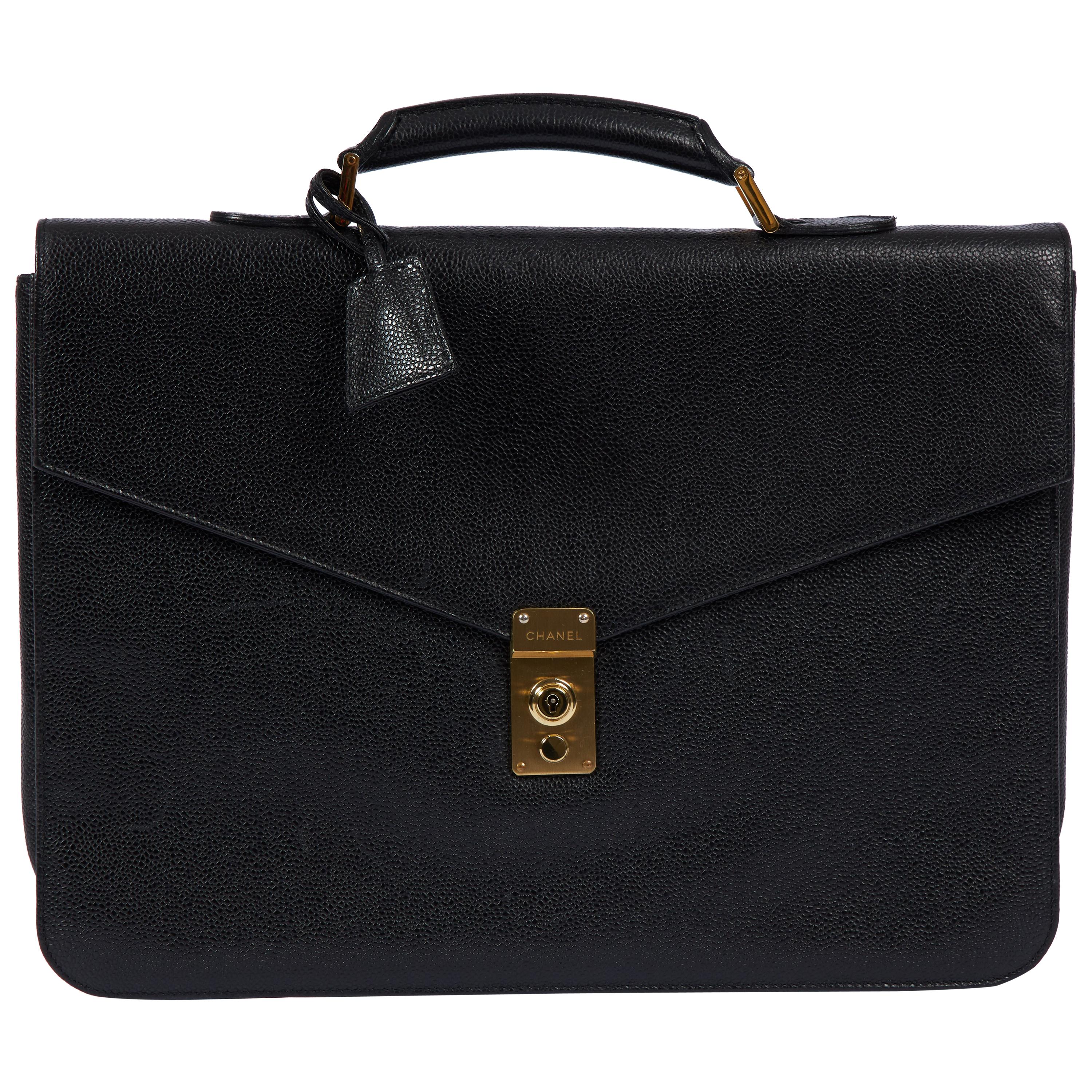 Rare Chanel 90's Black Caviar Leather Briefcase Bag For Sale