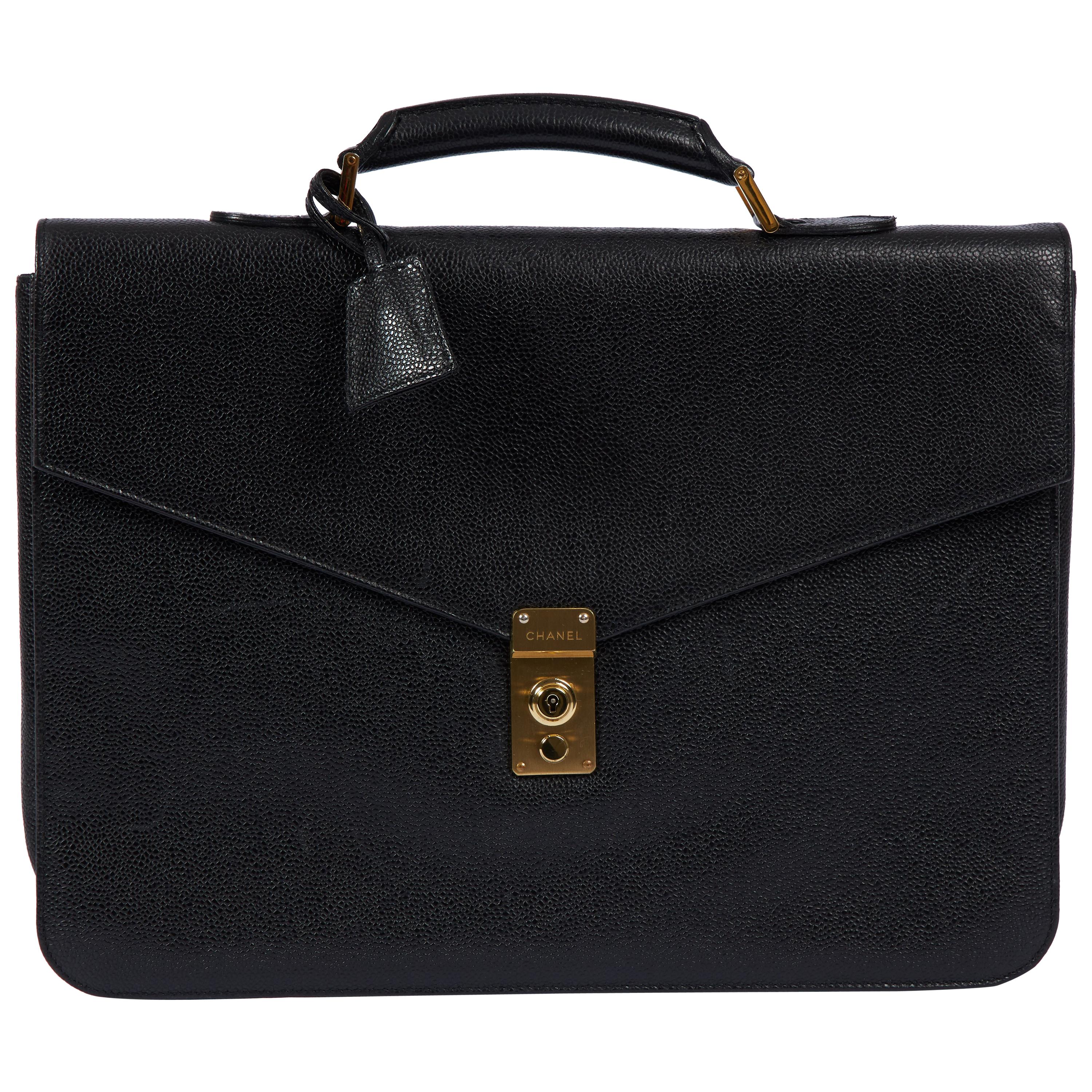 Seltene Chanel 90er Jahre Schwarze Aktentasche/Tasche aus Leder in Kaviar im Angebot