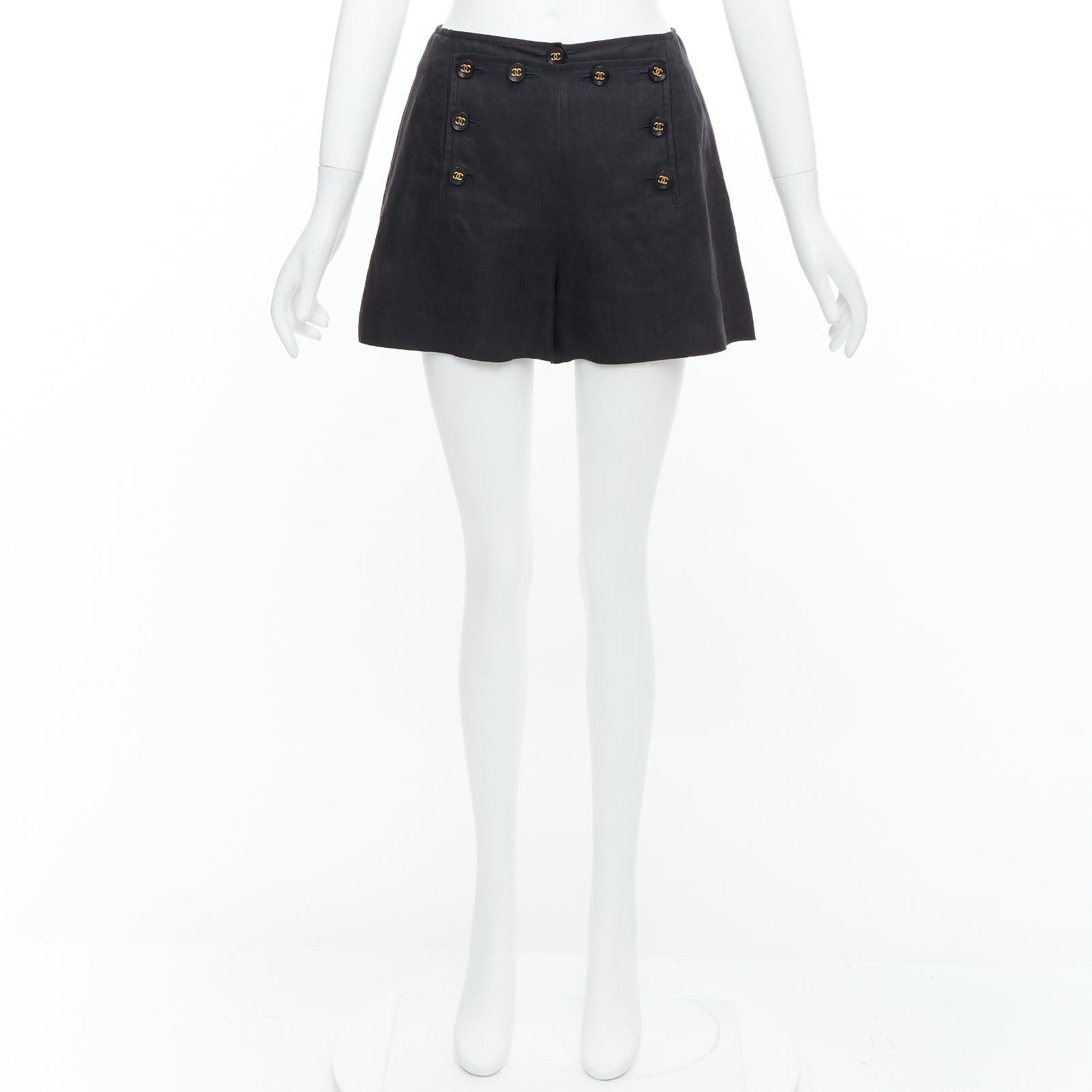 rare CHANEL 94P Vintage black linen gold CC logo buttons sailor shorts FR36 S For Sale 4
