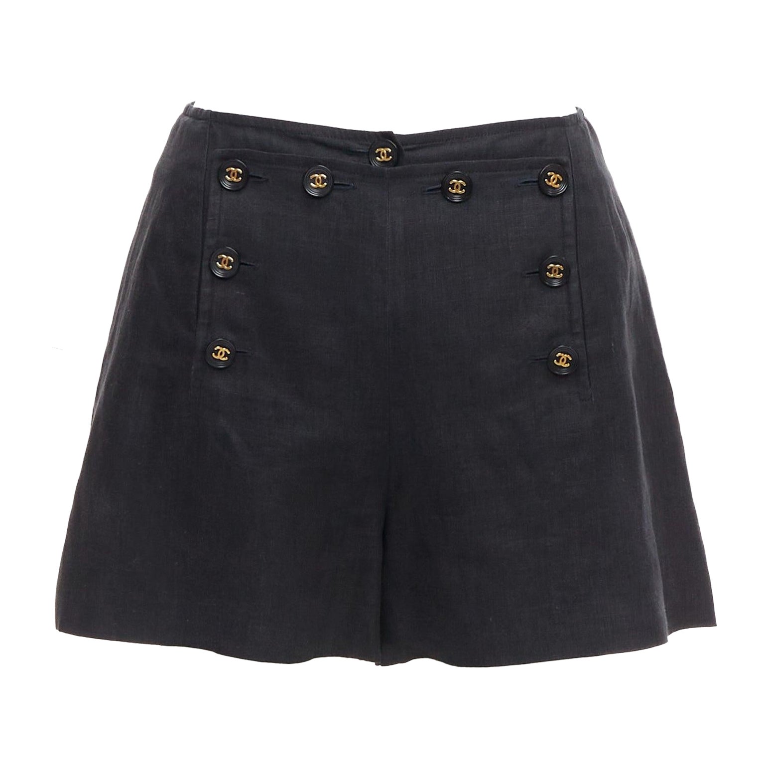 rare CHANEL 94P Vintage black linen gold CC logo buttons sailor shorts FR36 S