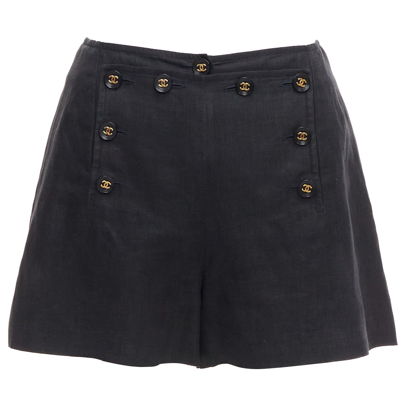 Pre-owned Karl Lagerfeld Rare Chanel 94p Vintage Black Linen Gold Cc Logo Buttons Sailor Shorts Fr36 S