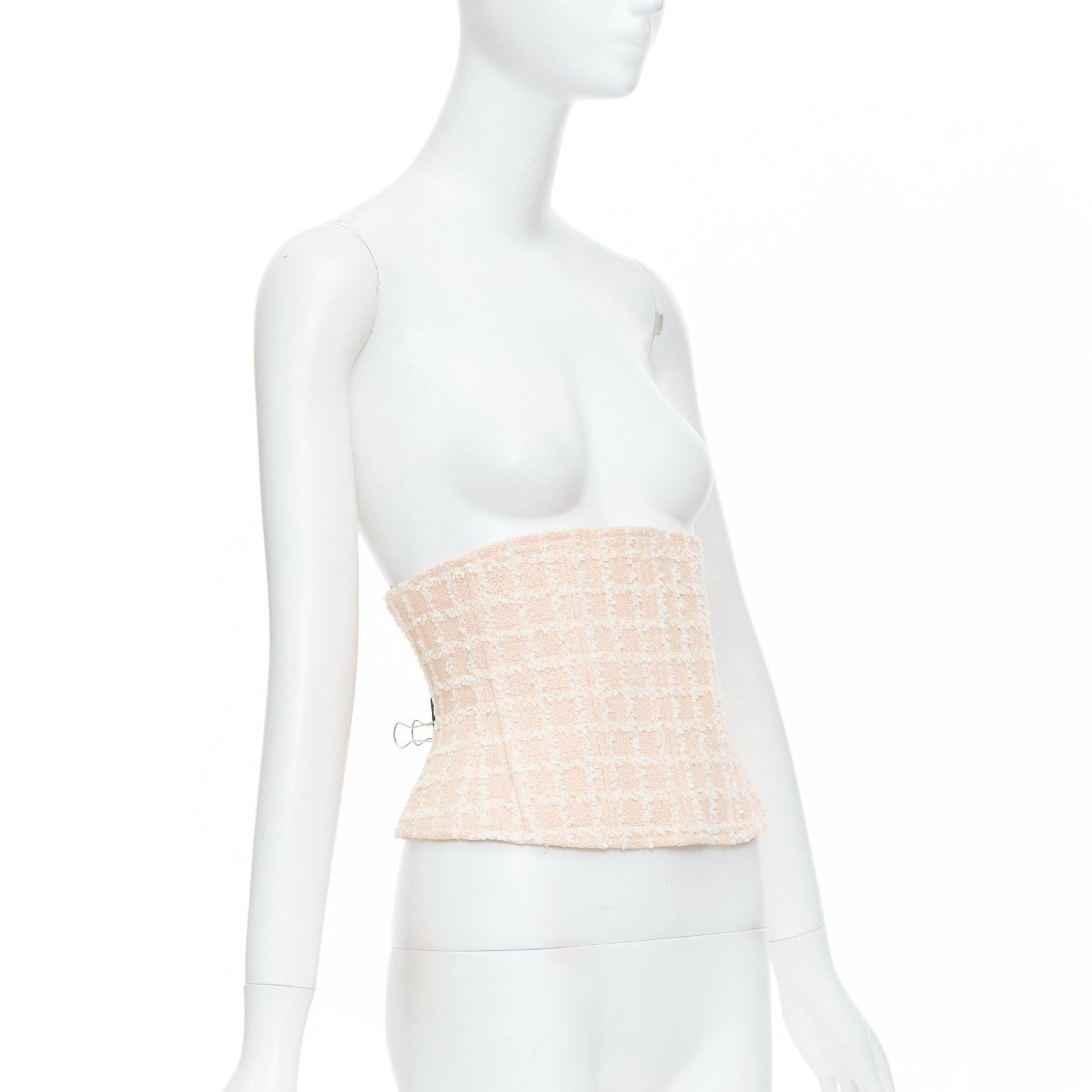 Beige rare CHANEL 94P Vintage pink checker tweed silk lined boned corset belt FR40 L For Sale