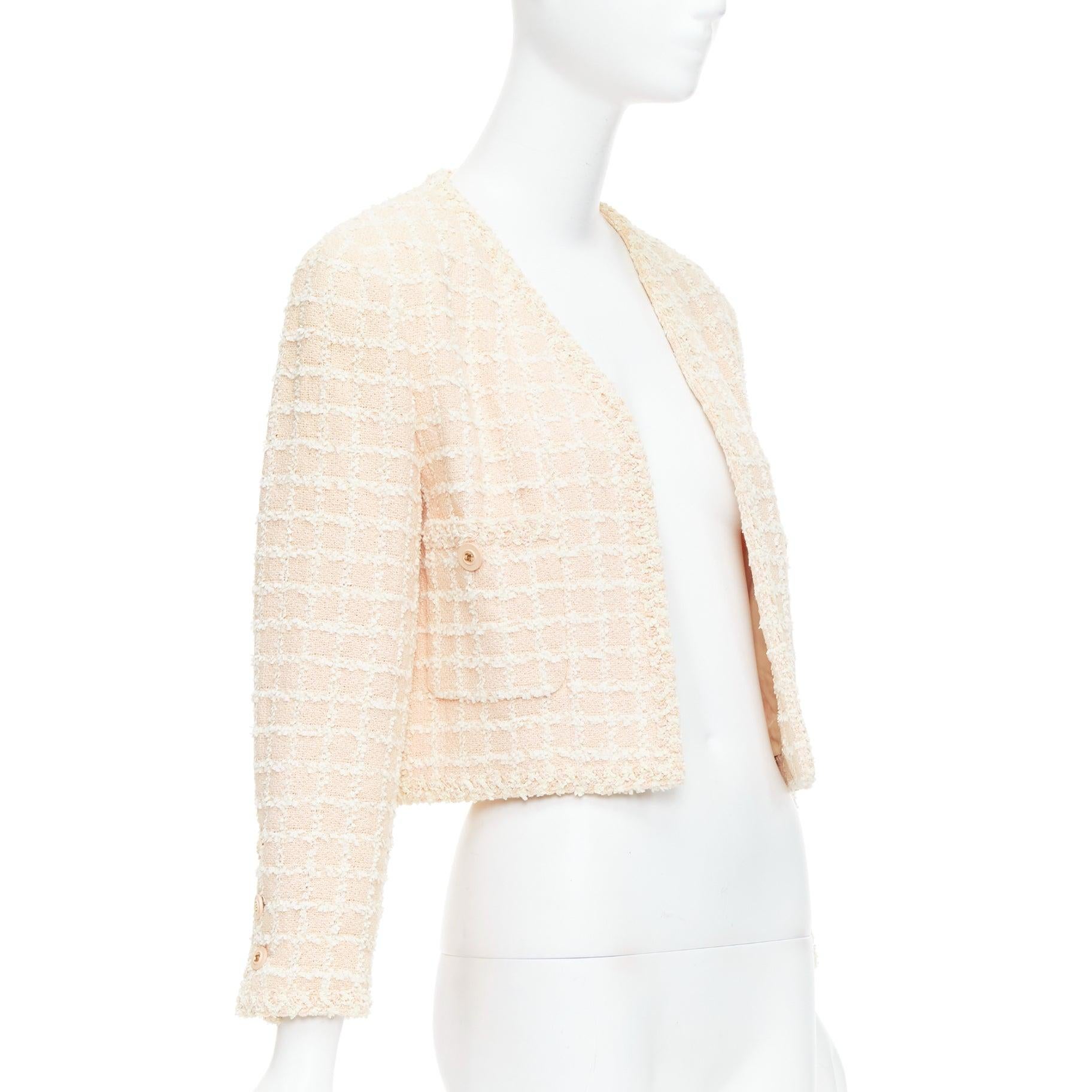 Beige raro Chanel 94P Vintage rosa cotone tweed giacca cropped FR40 L in vendita
