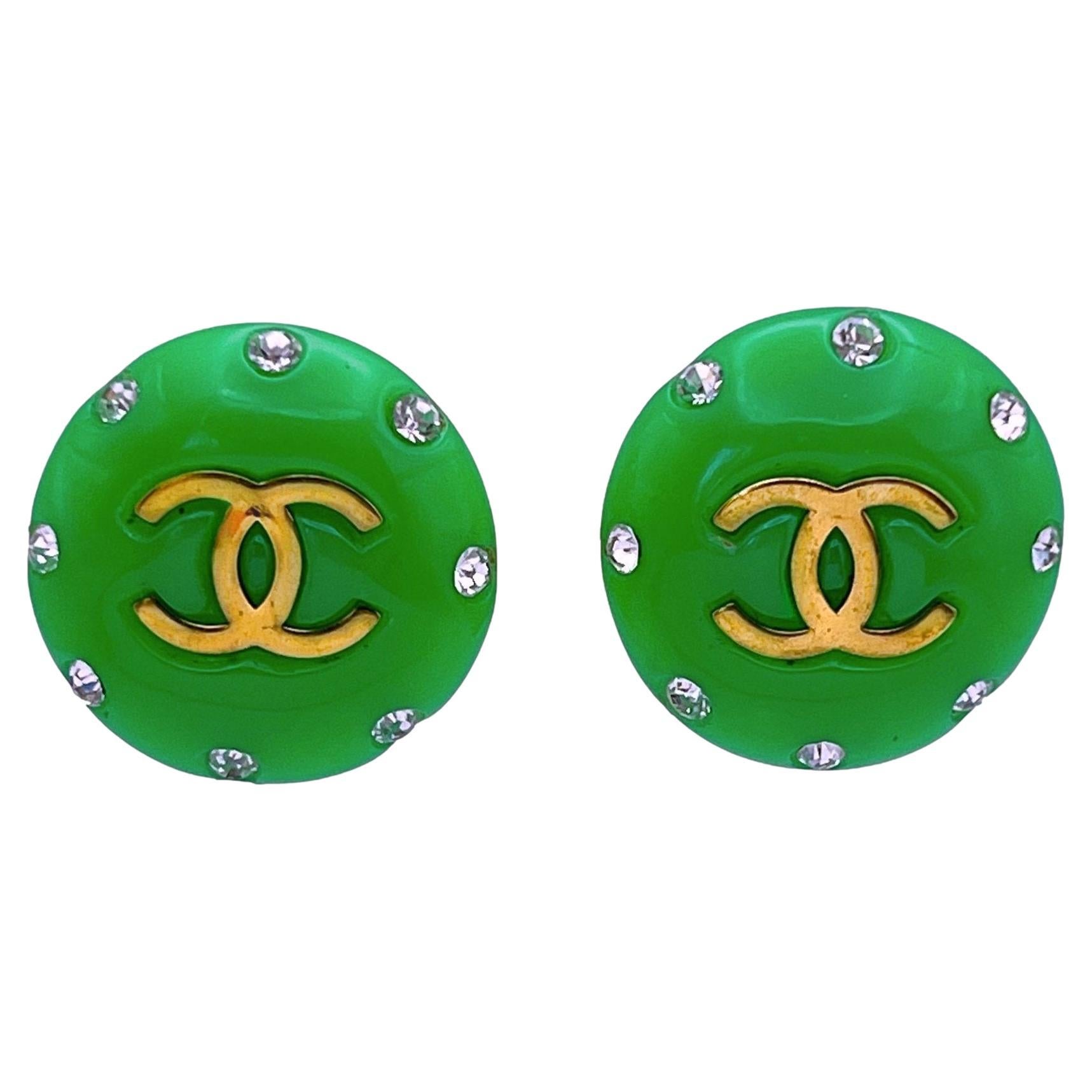 Rare Chanel 95P Green Painted Glass Large Crystal Studded CC Stud Earrings  66120 For Sale at 1stDibs