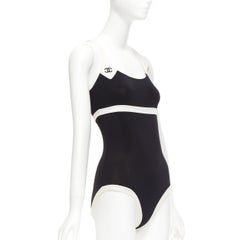 rare CHANEL 96C Vintage CC black cream colorblock swim bodysuit FR36 S