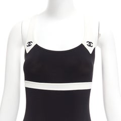 rare CHANEL 96C Vintage CC black cream colorblock swim bodysuit FR36 S