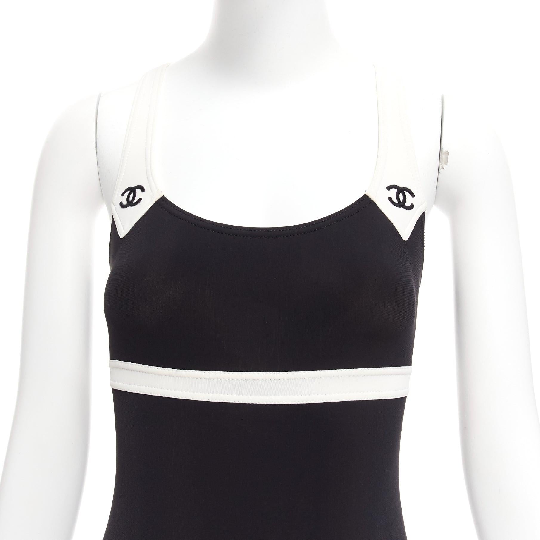 rare CHANEL 96C Vintage CC black cream colorblock swim bodysuit FR36 S For Sale 2