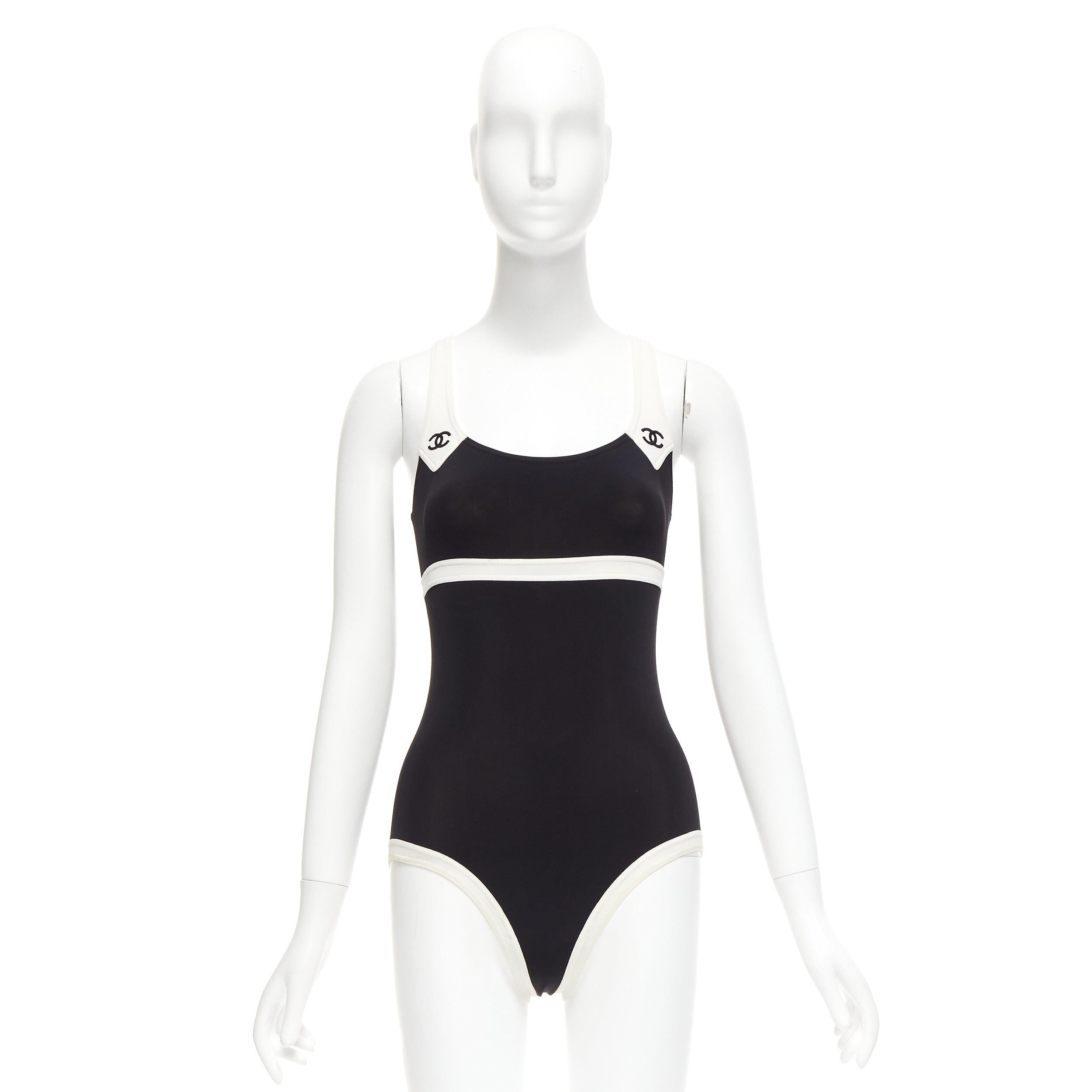 rare CHANEL 96C Vintage CC black cream colorblock swim bodysuit FR36 S For Sale 5