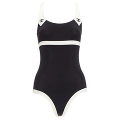 rare CHANEL 96C Vintage CC black cream colorblock swim bodysuit FR36 S