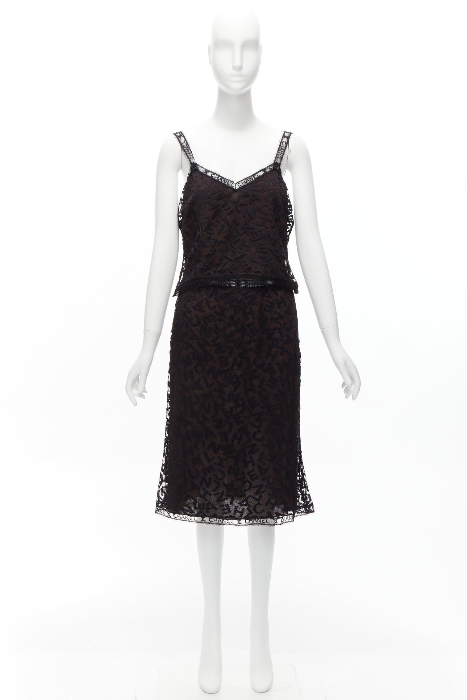 rare CHANEL 98A Karl Lagerfeld Runway Vintage black CC lace cami skirt FR40 L For Sale 7