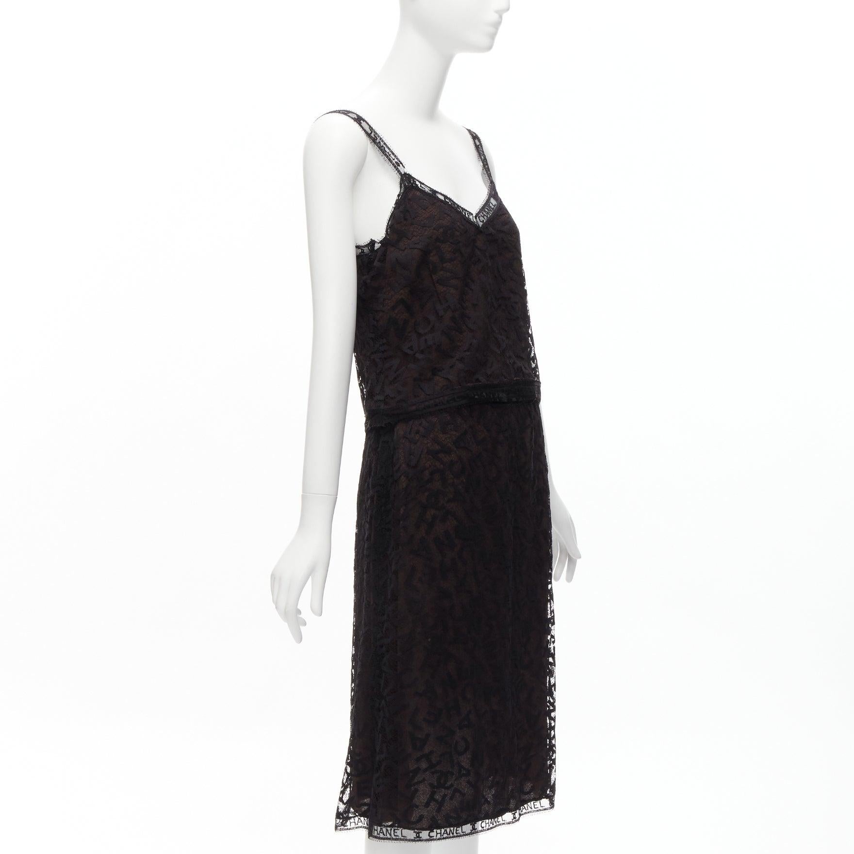 Black rare CHANEL 98A Karl Lagerfeld Runway Vintage black CC lace cami skirt FR40 L For Sale