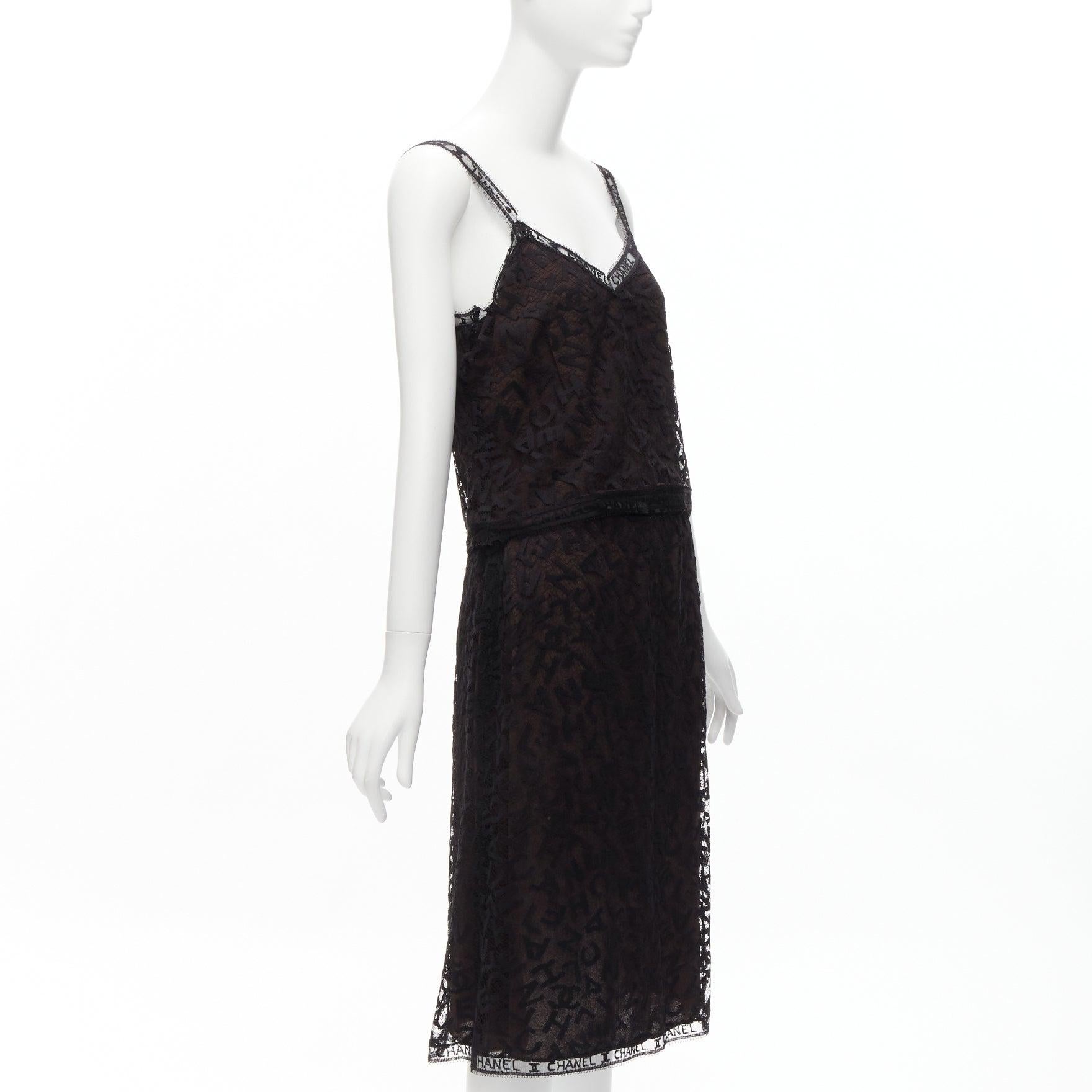 Black rare CHANEL 98A Karl Lagerfeld Runway Vintage CC logo lace cami skirt set FR40 L For Sale