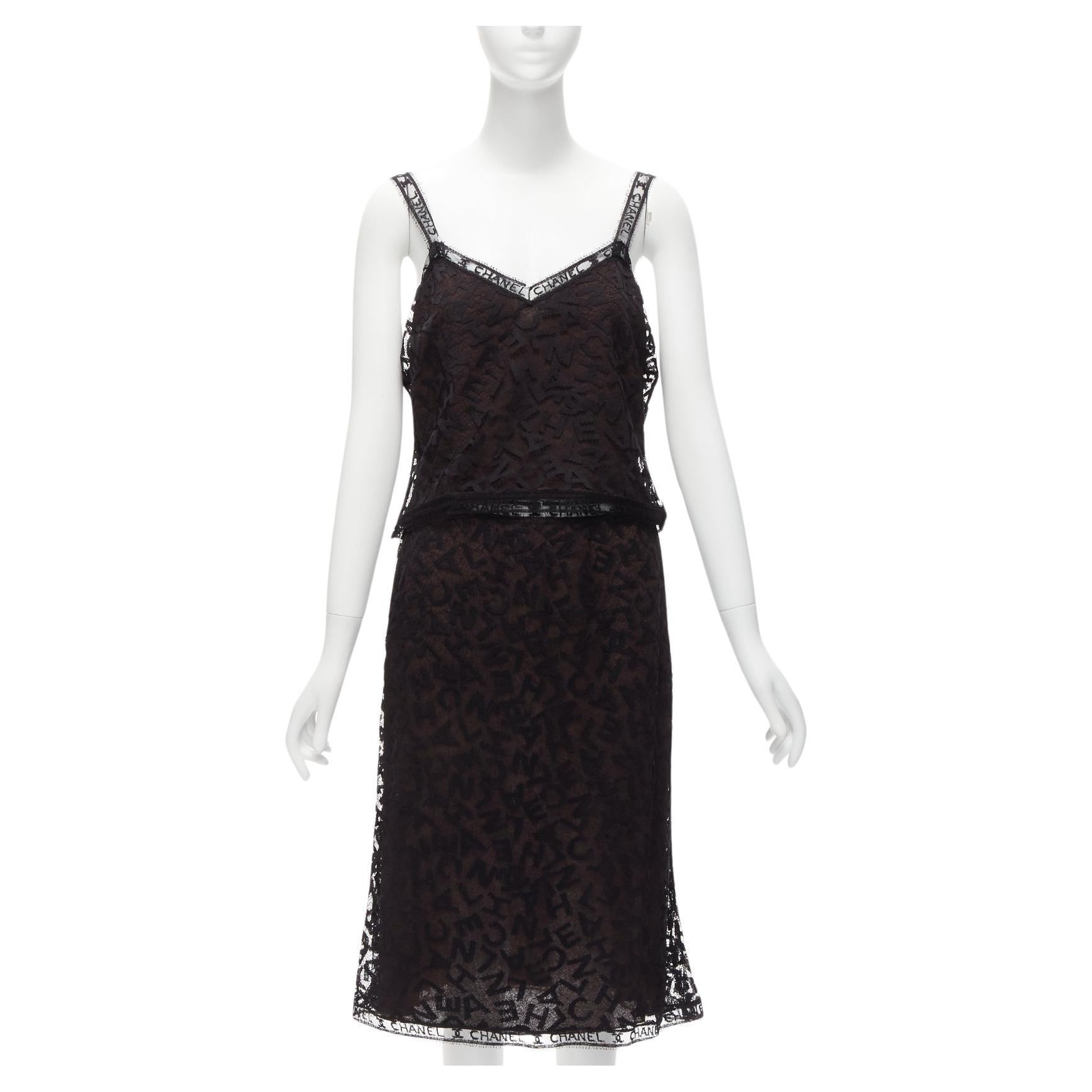 rare CHANEL 98A Karl Lagerfeld Runway Vintage CC logo lace cami skirt set FR40 L For Sale