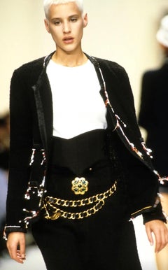 Rare Chanel archival S/S 1994 black tweed Gripoix details runway suit skirt