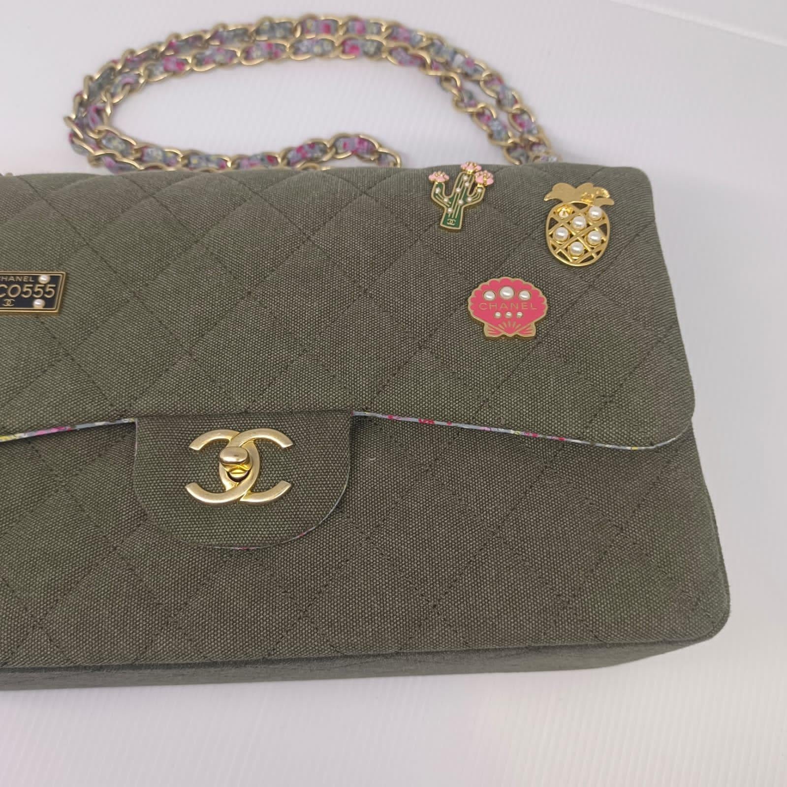 Rare Chanel Army Green Cuba Charm Denim Jumbo Double Flap Bag In Good Condition In Jakarta, Daerah Khusus Ibukota Jakarta