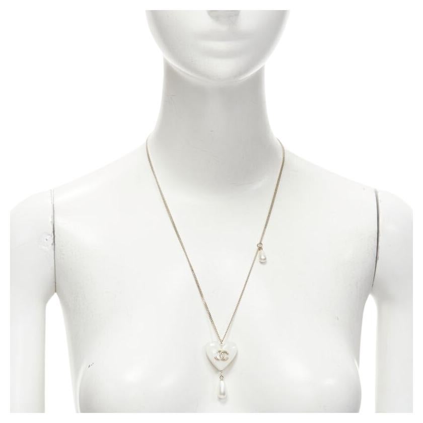 rare CHANEL B18 CC white heart drop pearl pendant necklace For Sale