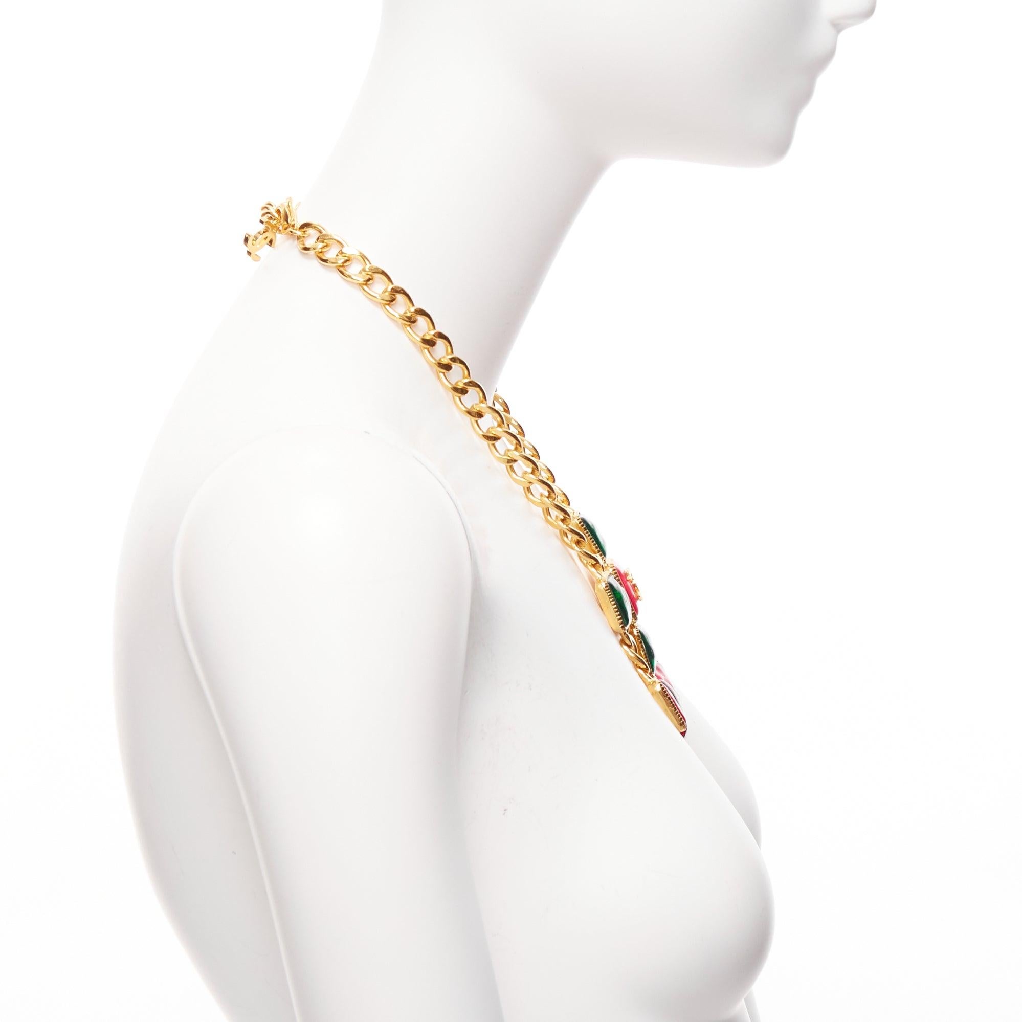 Women's rare CHANEL B20K green pink red gripoix gold CC logo byzantine princess necklace For Sale