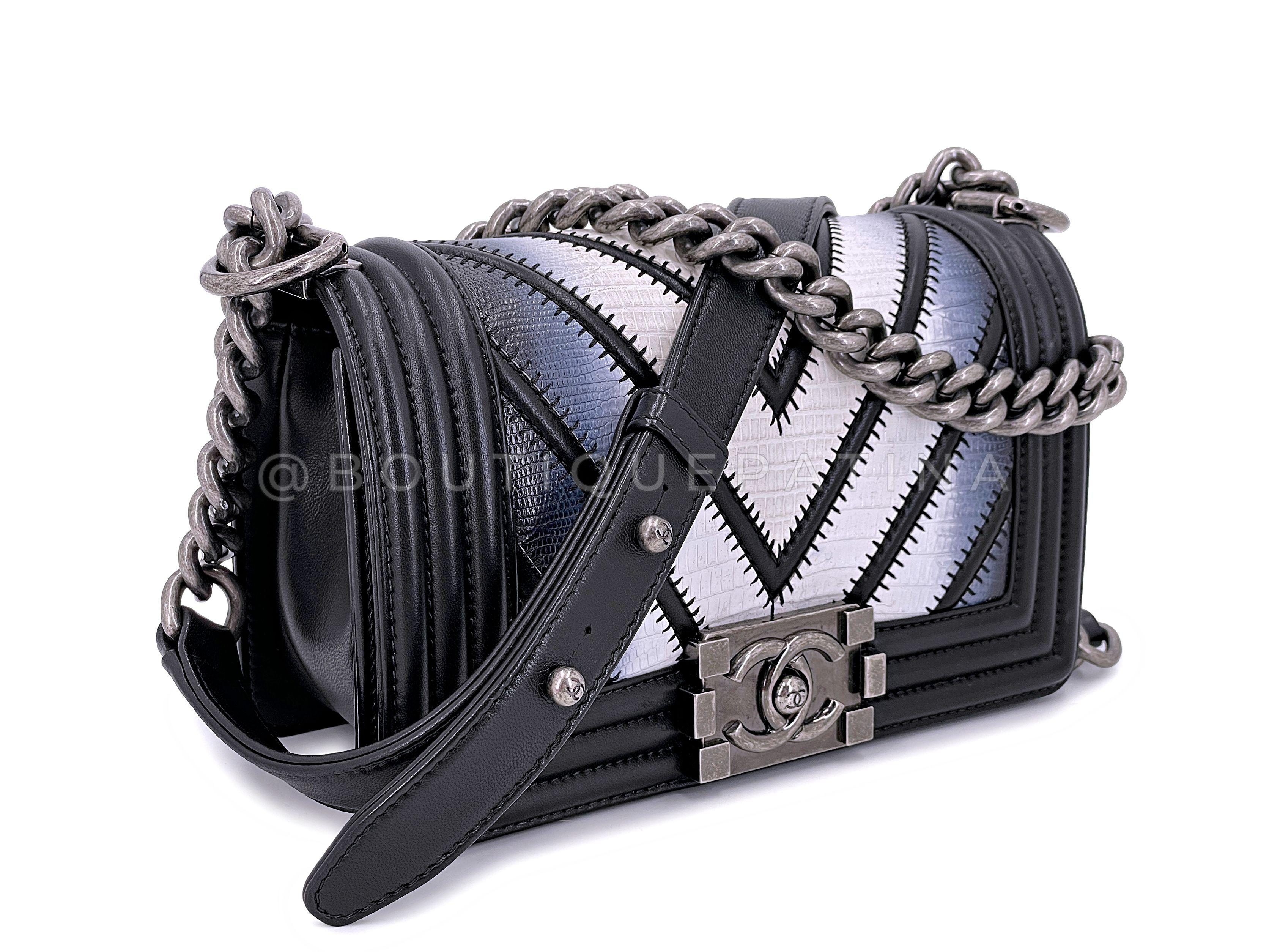 Store item: 67244
One of the most sought-after models within the house of Chanel is this Rare Chanel Black 2016 Airlines Chevron Lizard Boy Classic Flap Bag. Extremely rare and hard to find, this item was debuted as part of Lagerfeld's 