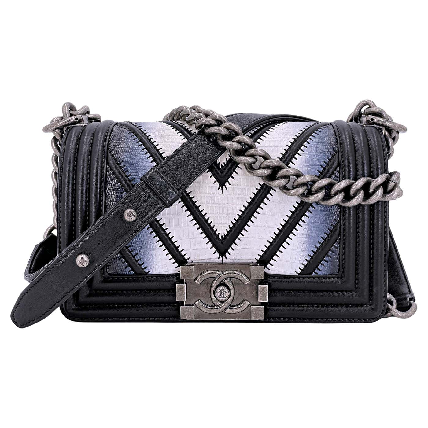 Rare Chanel Black 2016 Airlines Chevron Lizard Boy Classic Flap Bag ...