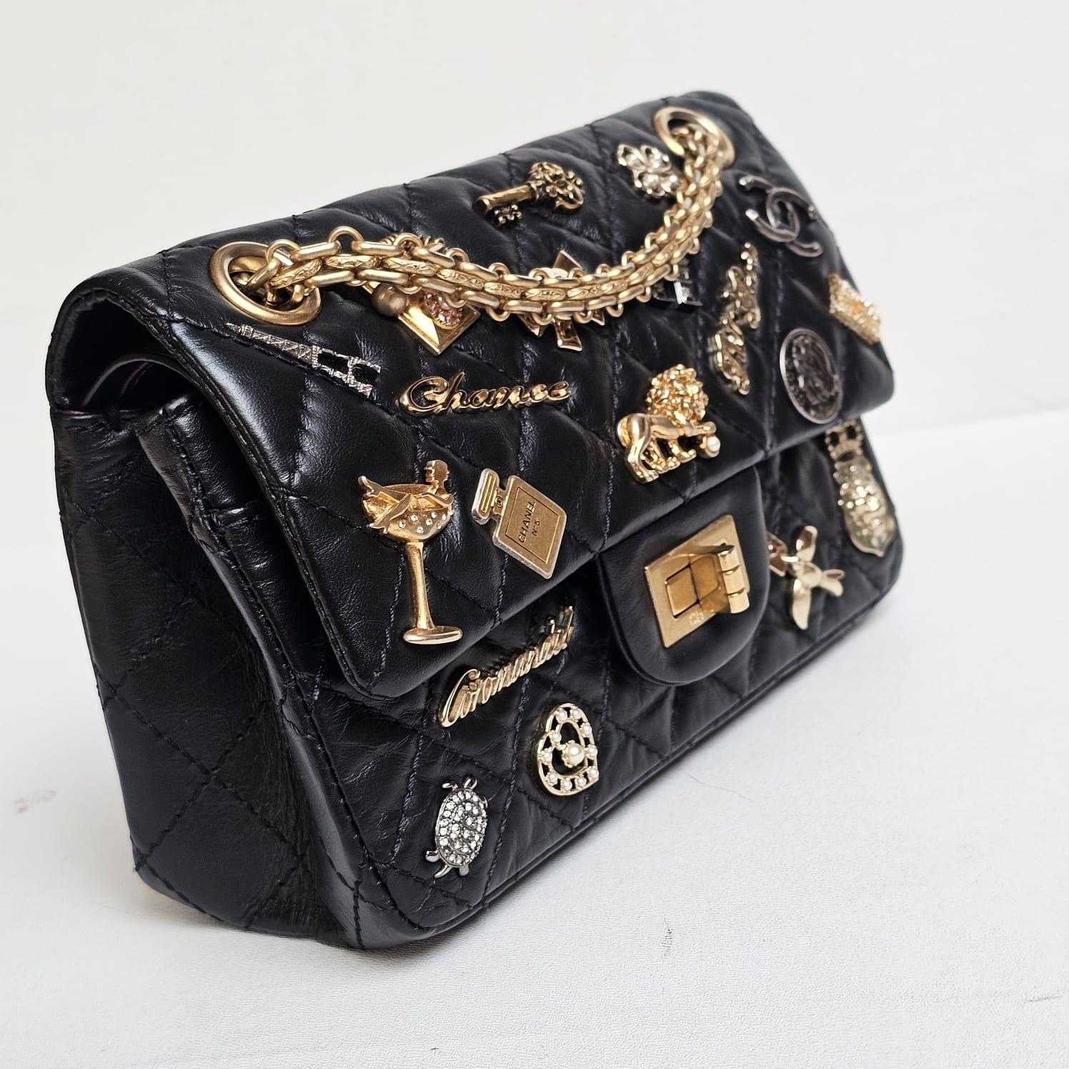 Rare Chanel Black Aged Calfskin Charm 2.55 Mini Reissue Flap Vag 12