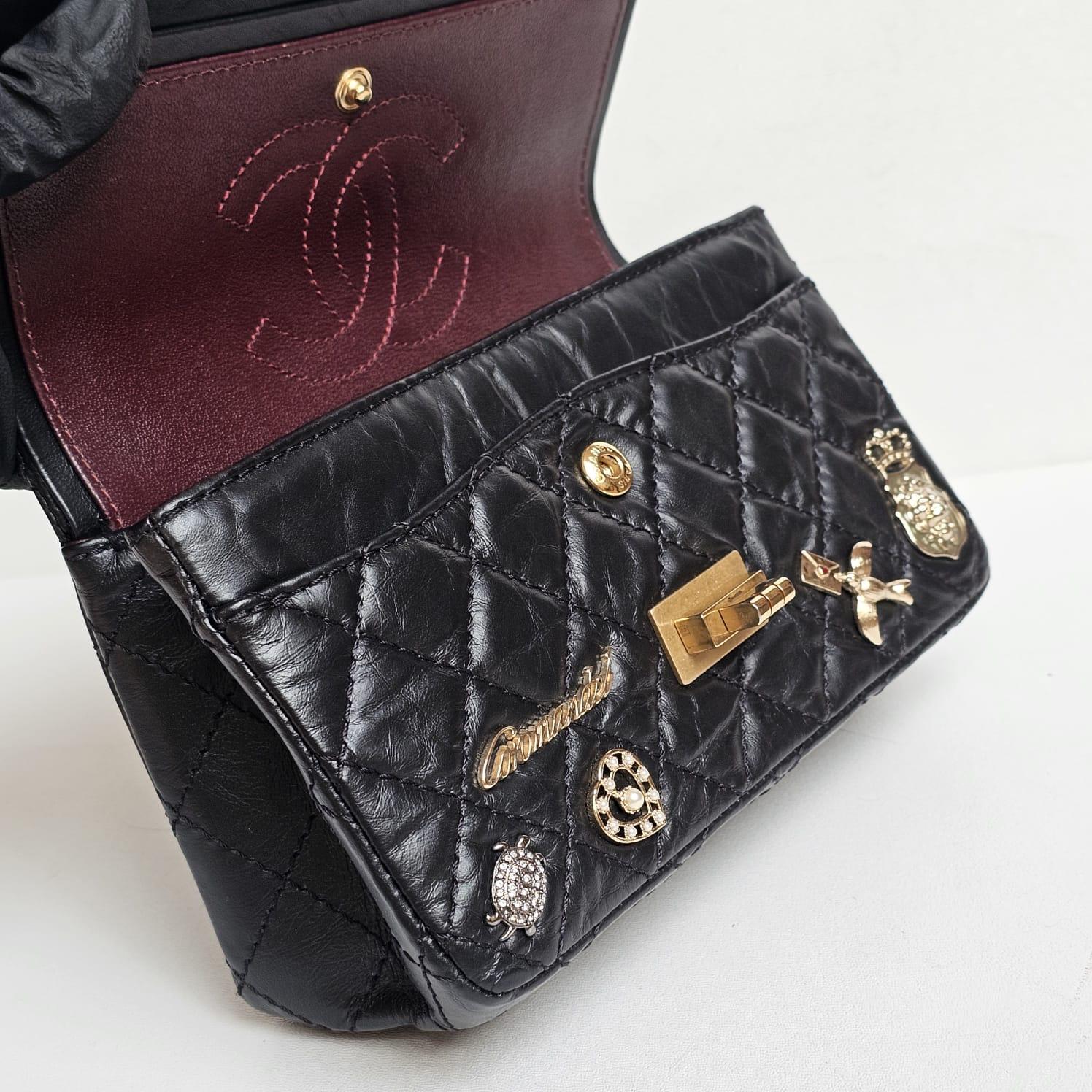 Rare Chanel Black Aged Calfskin Charm 2.55 Mini Reissue Flap Vag 15