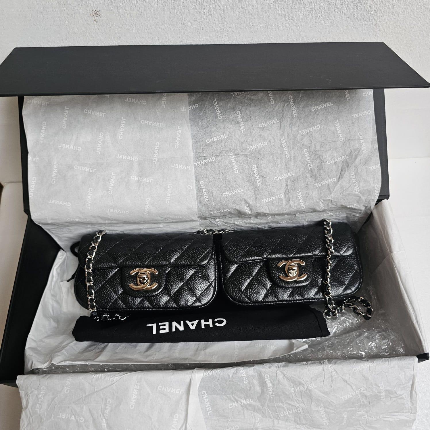 Rare Chanel Black Caviar Mini Twin Flap Crossbody Bag For Sale 7