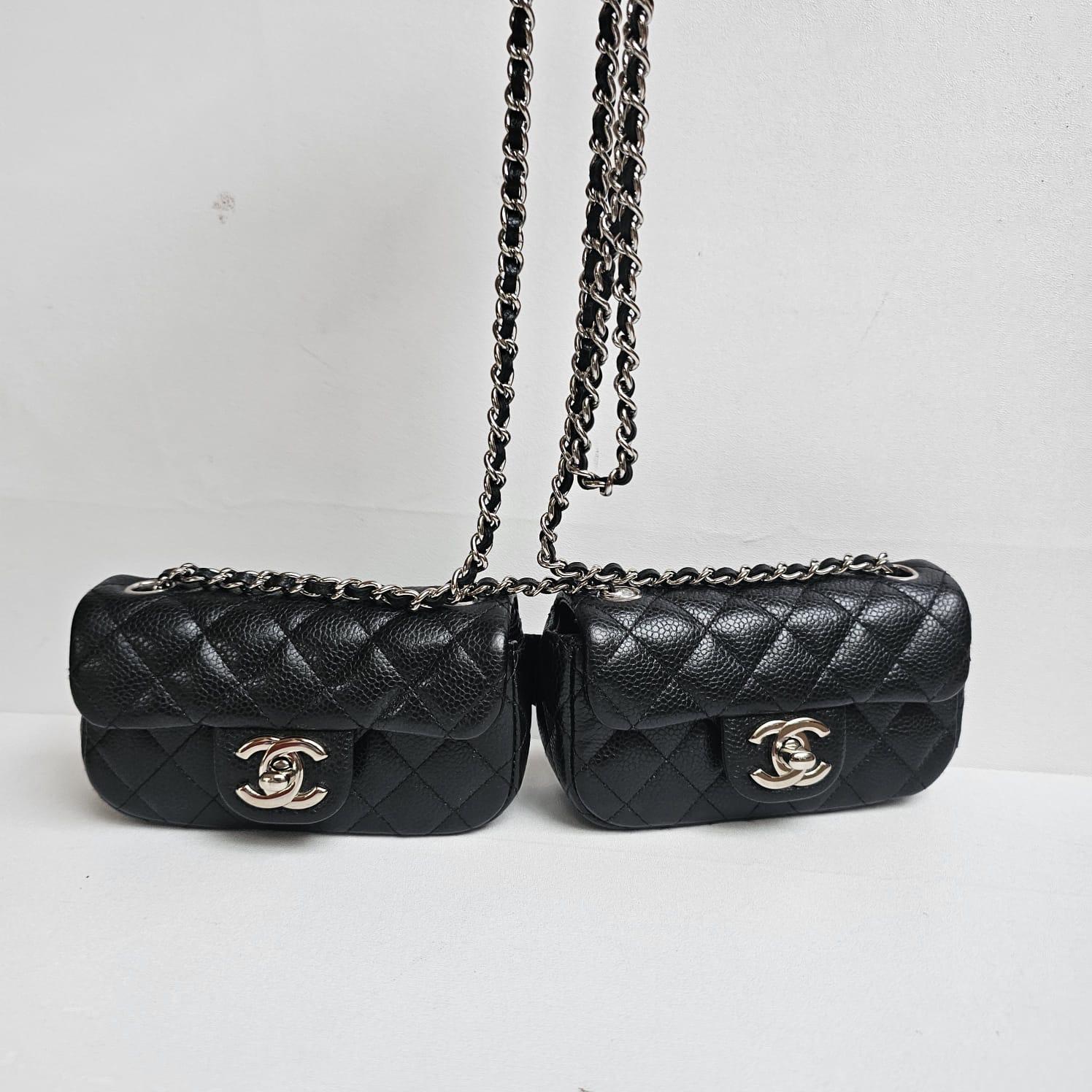 Rare Chanel Black Caviar Mini Twin Flap Crossbody Bag For Sale 8