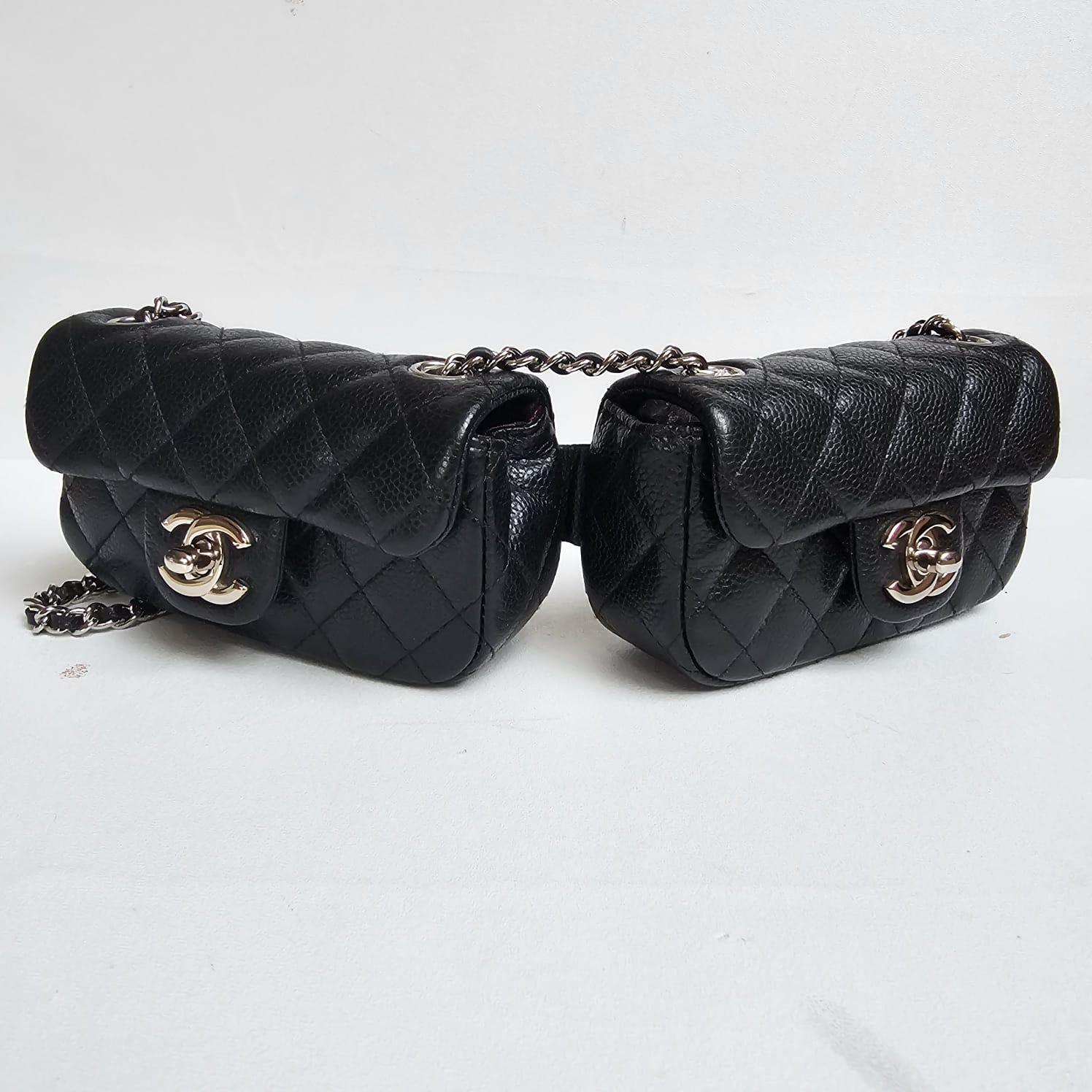 Rare chanel mini twin bags with silver hardware. Very cute statement piece. Series #15. Comes with holo sticker, dust bag and box. Overall in very good condition. Each of the mini bag size is 13 x 8 x 3.5 cm. 