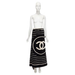 rare CHANEL black cream CC logo striped print terry cotton beach towel