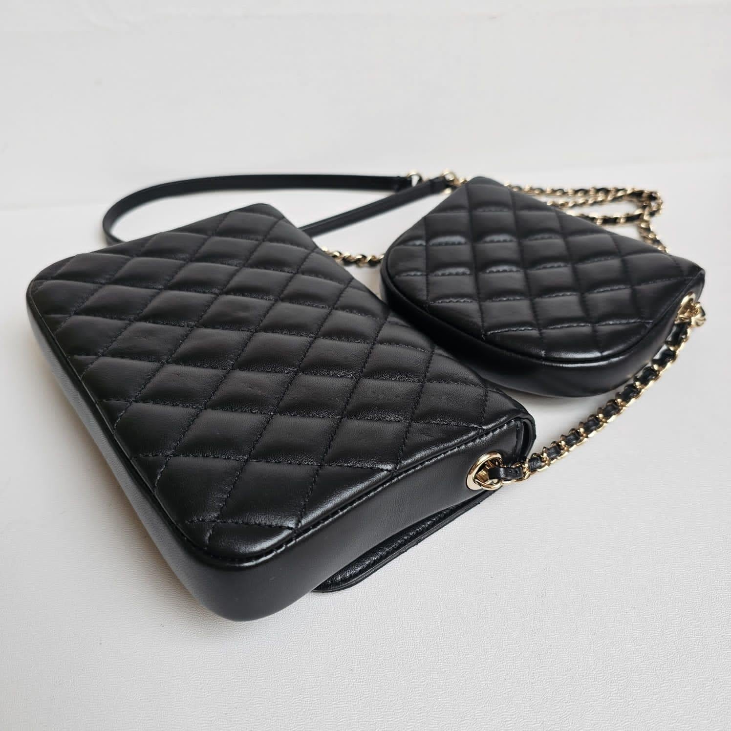Seltene Chanel Schwarze gesteppte Side Pack-Doppeltasche aus Lammfell im Angebot 11