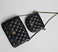 Rare Chanel Black Lambskin Quilted Side Pack Double Bag