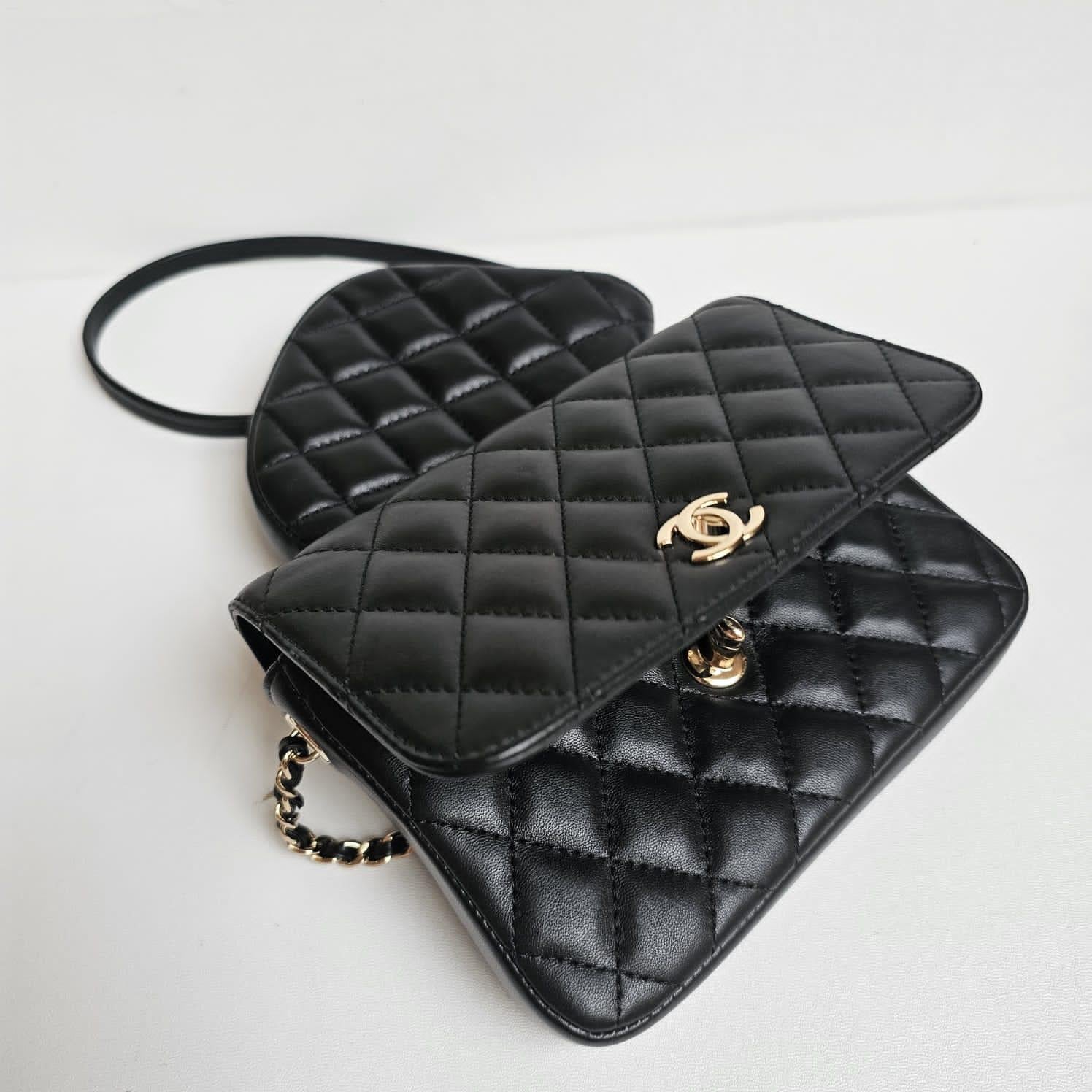 Seltene Chanel Schwarze gesteppte Side Pack-Doppeltasche aus Lammfell im Angebot 5