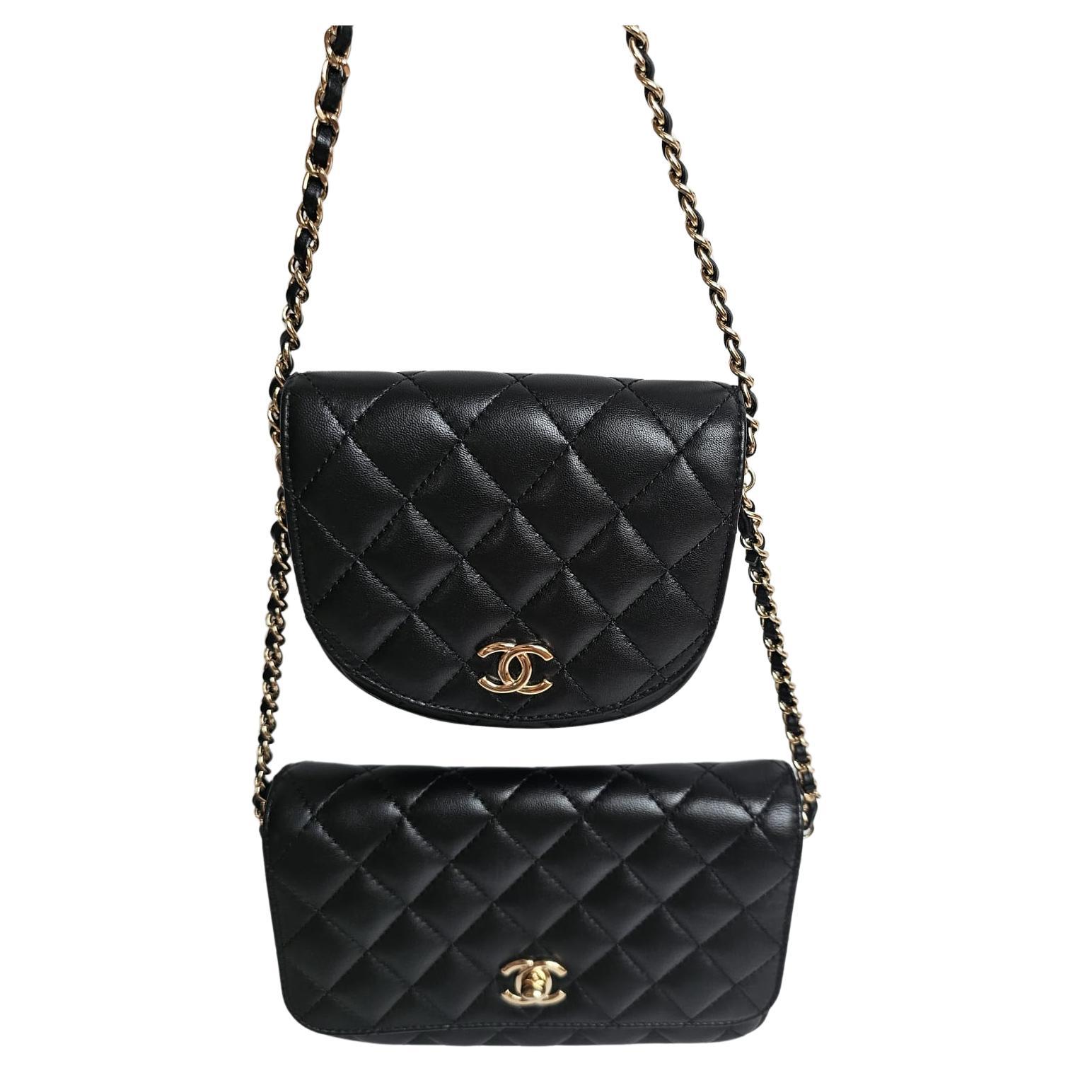 Seltene Chanel Schwarze gesteppte Side Pack-Doppeltasche aus Lammfell im Angebot