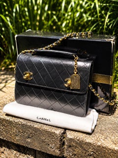 RARE CHANEL Black Lambskin Quilted Top Handle Double Turnlock Single Flap GHW