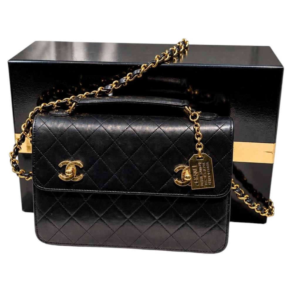 RARE CHANEL Black Lambskin Quilted Top Handle Double Turnlock Single Flap GHW