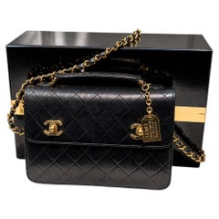 RARE CHANEL Black Lambskin Quilted Top Handle Double Turnlock Single Flap GHW